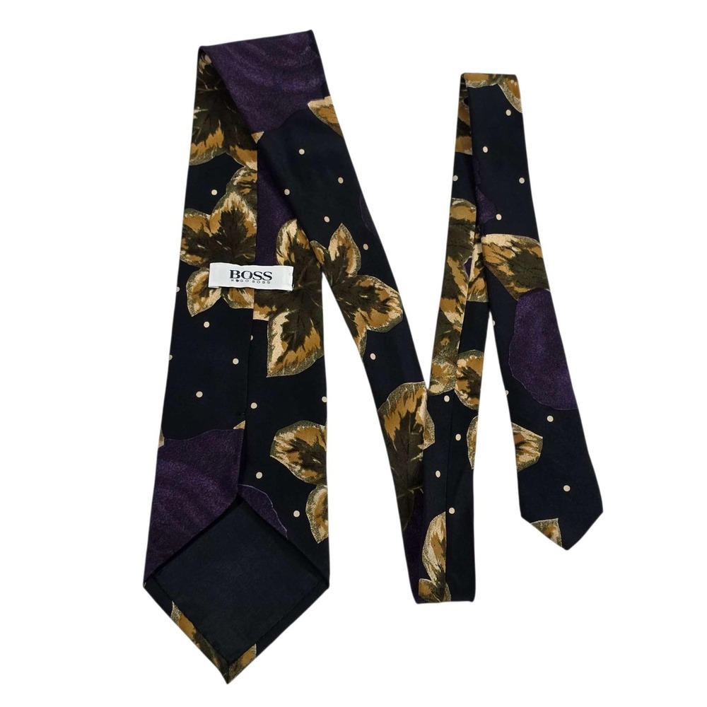 BOSS Hugo Boss Floral Silk‎ Neck Tie Mens Black Gold Purple Designer Italy
